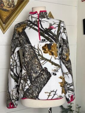 Girls Mossy Oak White Pink Camo Fleece Pullover Sweater XL 14/16 Thumb Holes